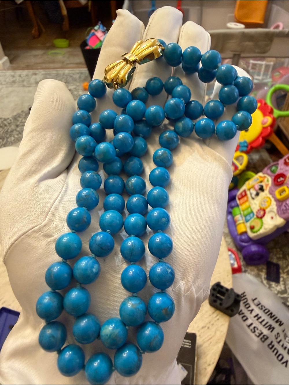 Vintage Italian 925 Silver Gold Plated Natural Turquoise Bead Necklace 18" 9.8mm